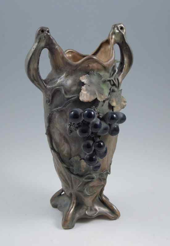 TURN TEPLITZ IRIDESCENT GLAZED VASE Naturalistic grape cluster and leaf