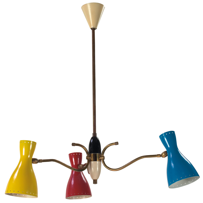 Italian hanging light 1950s red blue and yellow aluminum shades