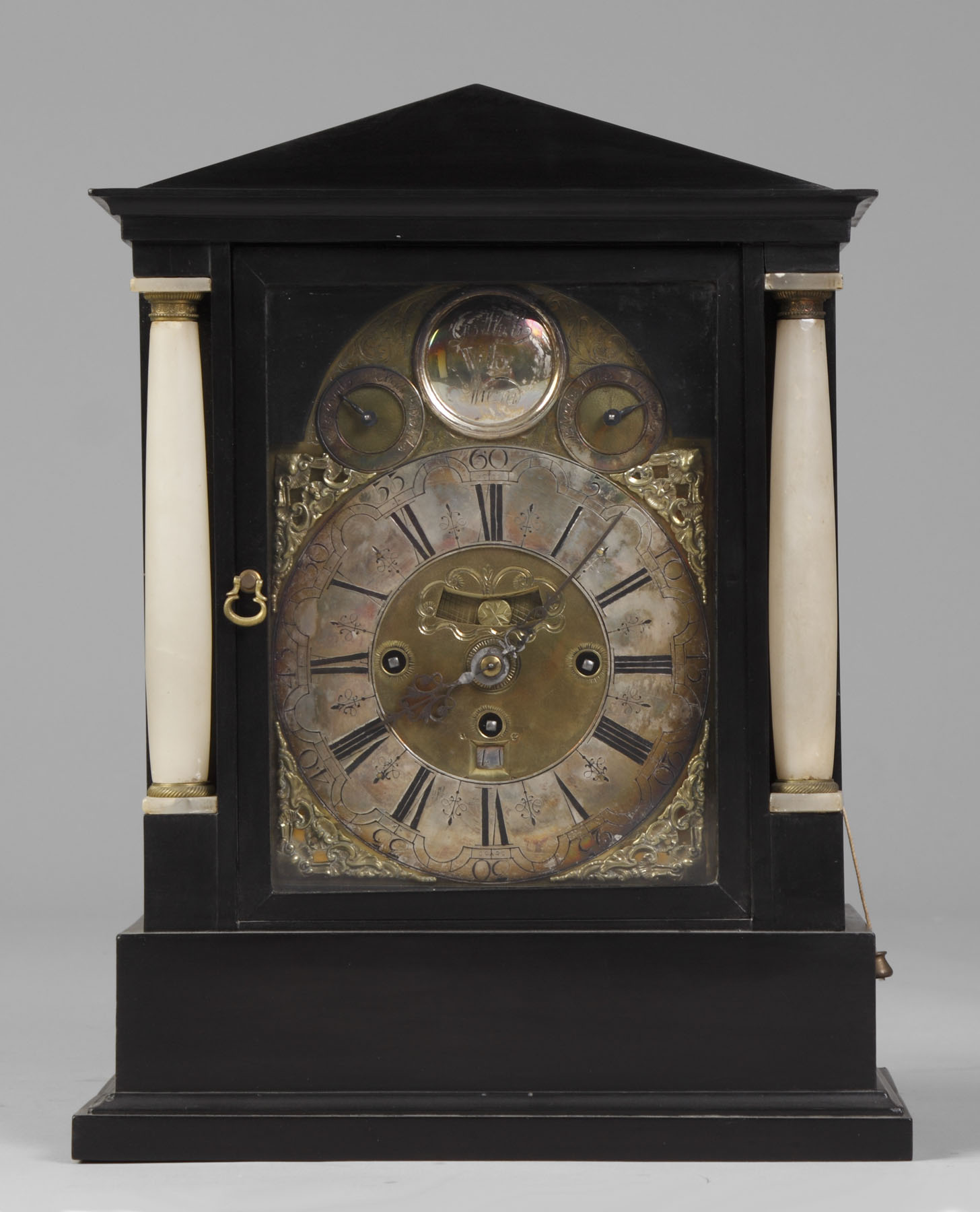 18th Century Bracket Clock Ebonized case with applied alabaster columns