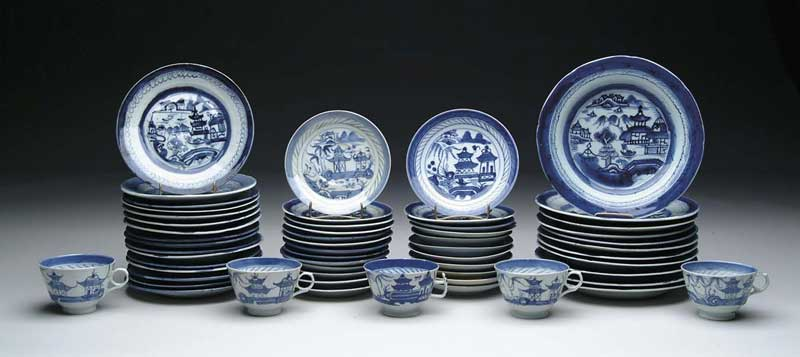 SIXTY TWO PIECES OF BLUE AND WHITE CANTON Lot includes