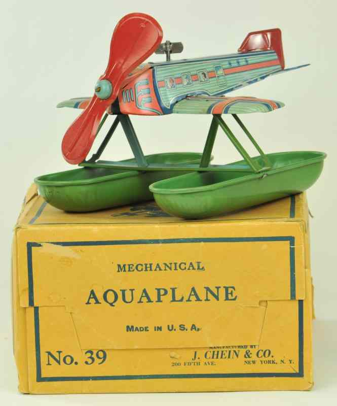 AQUAPLANE WITH BOX Chein lithographed tin plane with green pontoons