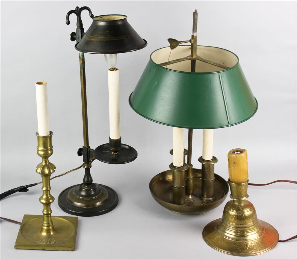 GROUP OF FOUR BRASS LAMPS LATE 19TH 20TH CENTURY including