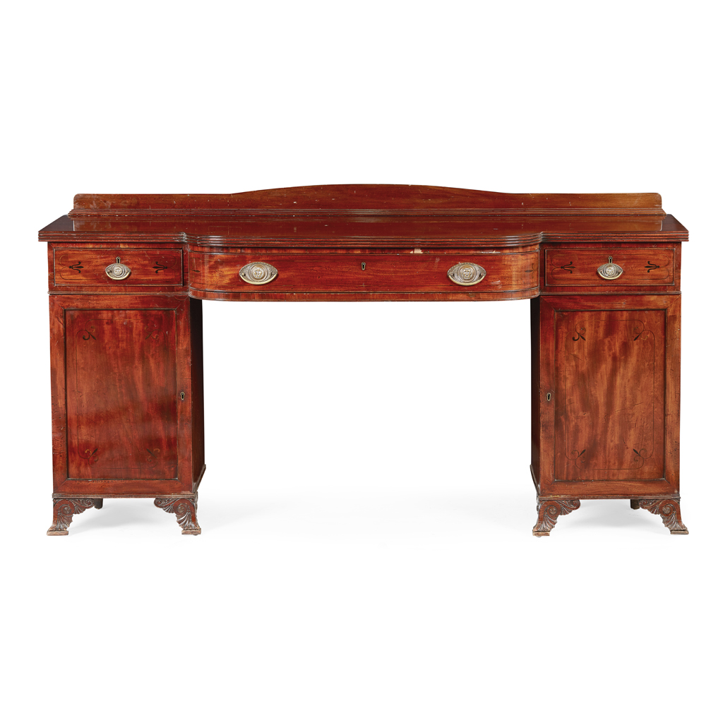 GEORGE IV MAHOGANY AND EBONY PEDESTAL SIDEBOARD EARLY 19TH CENTURY