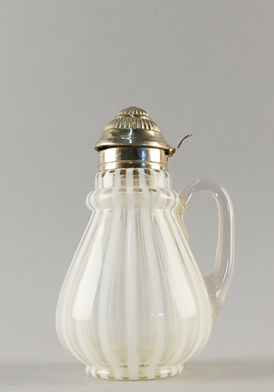 An Unattributed Opalescent White Stripe Syrup Pitcher molded with a