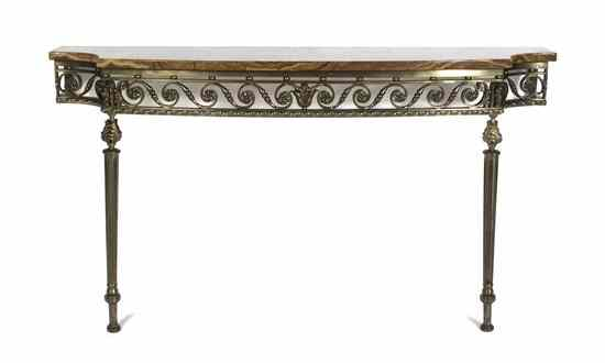 A Neoclassical Steel and Onyx Console Table having a shaped