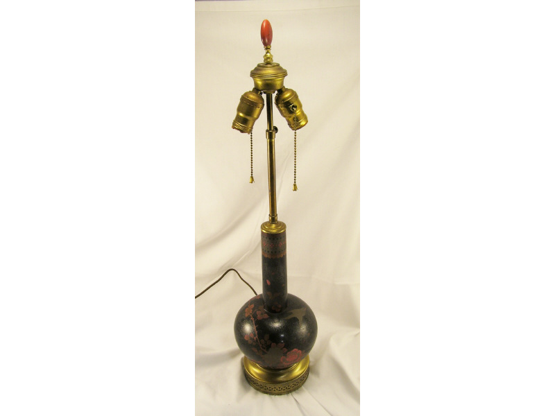 Cloisonne Lamp Bottle form black ground with peonies and a