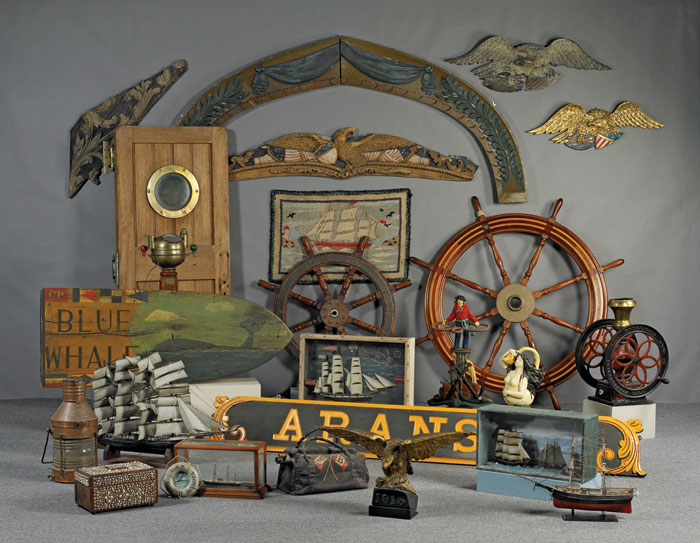 HOOKED RUG DEPICTING A THREE MASTED SHIP APPROACHING A LIGHTHOUSE