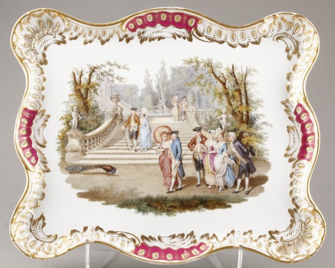 Tray features central hand painted scene depicting 18th century figures