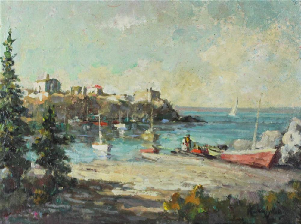 ANTONIS L KARAFYLLAKIS GREEK 1908 1983 EUROPEAN HARBOUR SCENE Oil