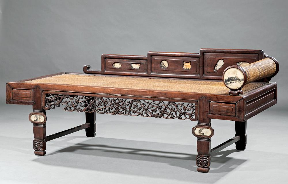 Chinese Marble Inset Cane and Hardwood Louhan Couch Bed Chuang