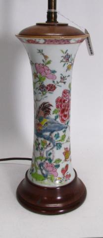 Circa early mid 20th century Oriental porcelain lamp with wood