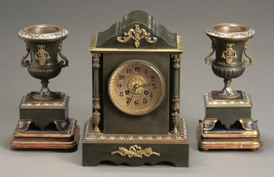 French Bronze Ormolu and Champlev Enamel Three Piece Clock Garniture