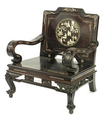 A Chinese ebonised hardwood low open armchair with bone marquetry