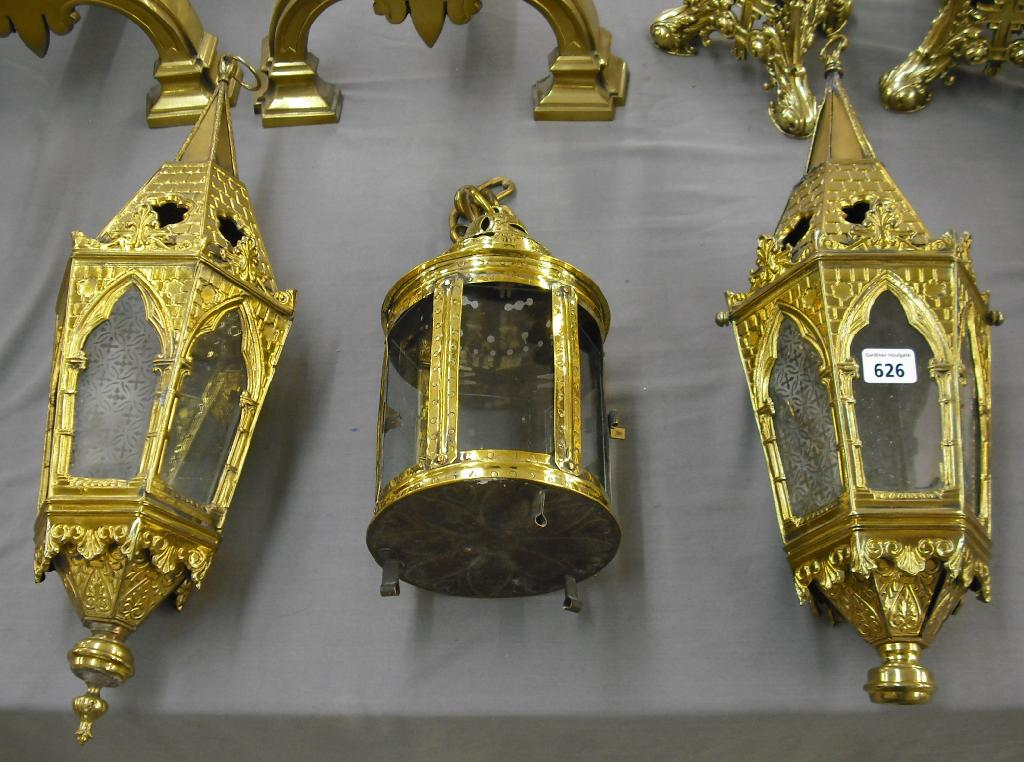Pair of Gothic brass hexagonal hall lanterns 21 high also