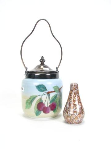 White Opaque Glass hand painted biscuit jar with silver plated