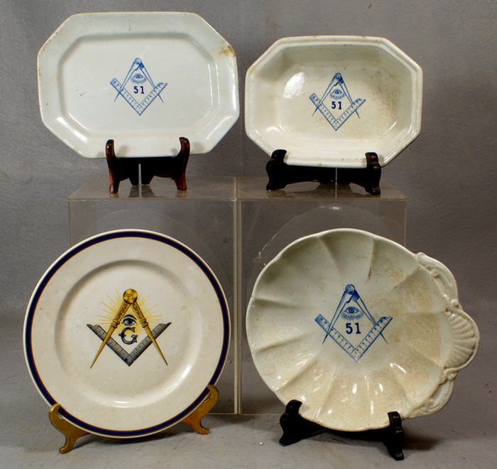 3 pieces of Masons Ironstone china with Masonic emblems a