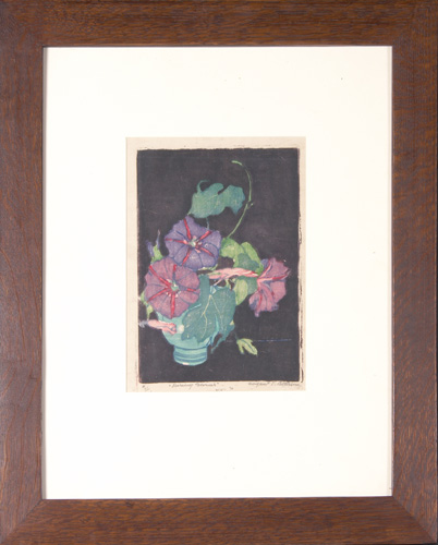 MARGARET PATTERSON Color woodblock print Morning Glories matted and framed