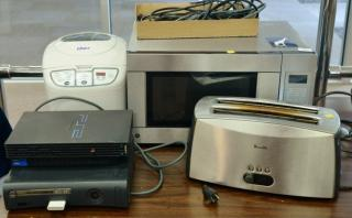 Group of electronics including Xbox PS2 Playstation G E microwave