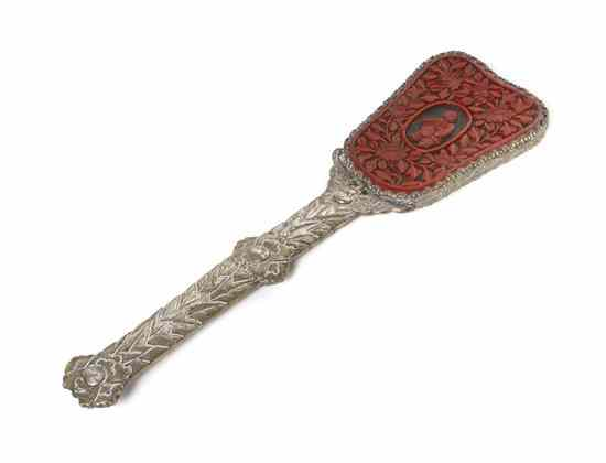 A Chinese Two Color Cinnabar Lacquer and Silver Handled Mirror