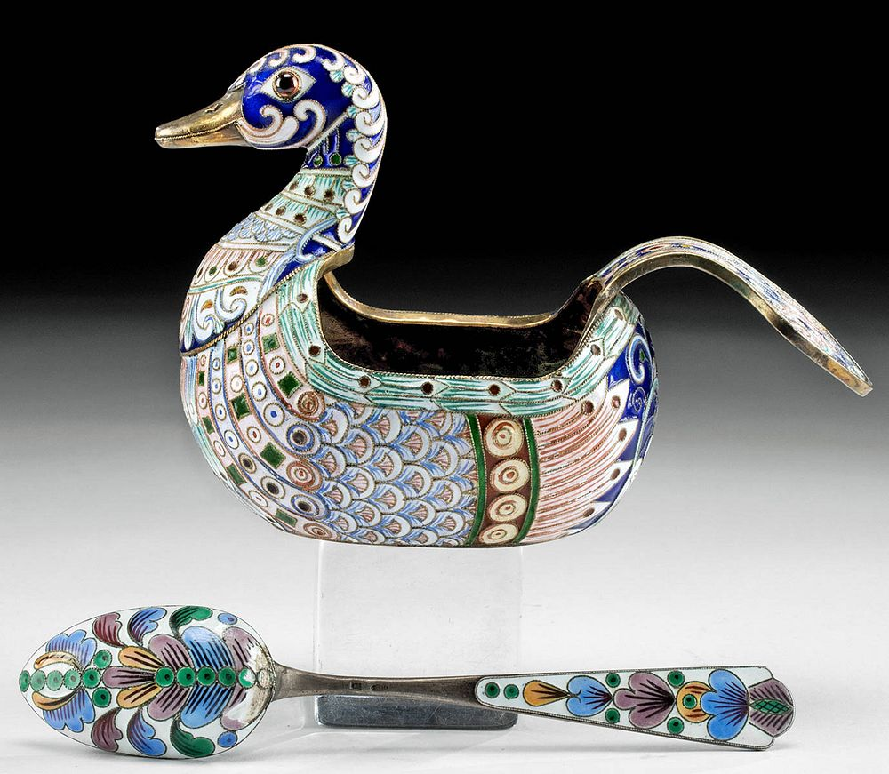 19th C Russian Silver Cloisonne Duck Kovsh and Spoon Eastern