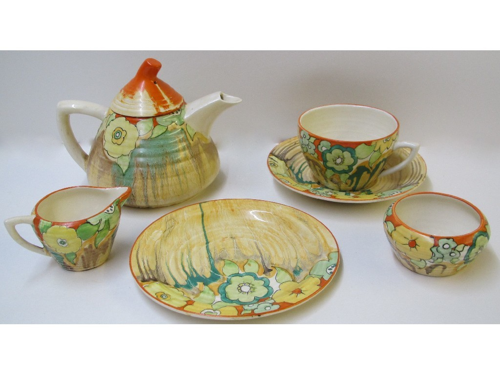 A Clarice Cliff Jonquil Delicia bachelor s teaset comprising teapot