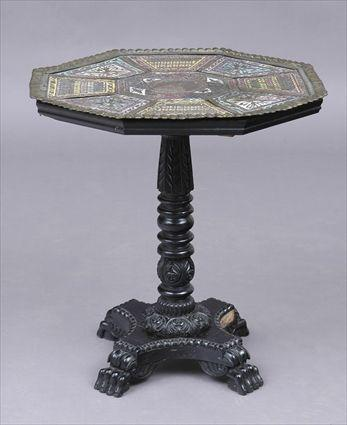 TURKISH EXPORT ENAMELED BRASS AND COPPER AND EBONY VENEERED PEDESTAL