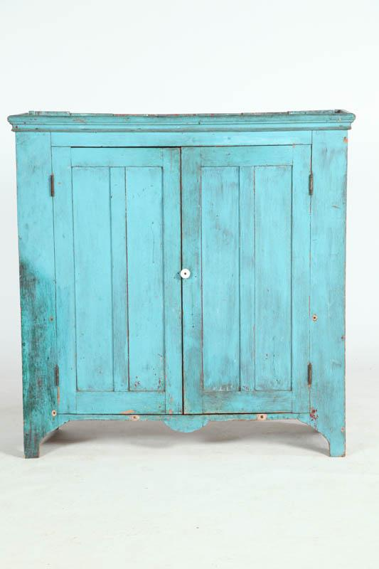 BLUE PAINTED JELLY CUPBOARD American mid 19th century pine Blue