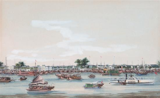 Chinese Export School 19th century Paddleboat and Junks in Harbor