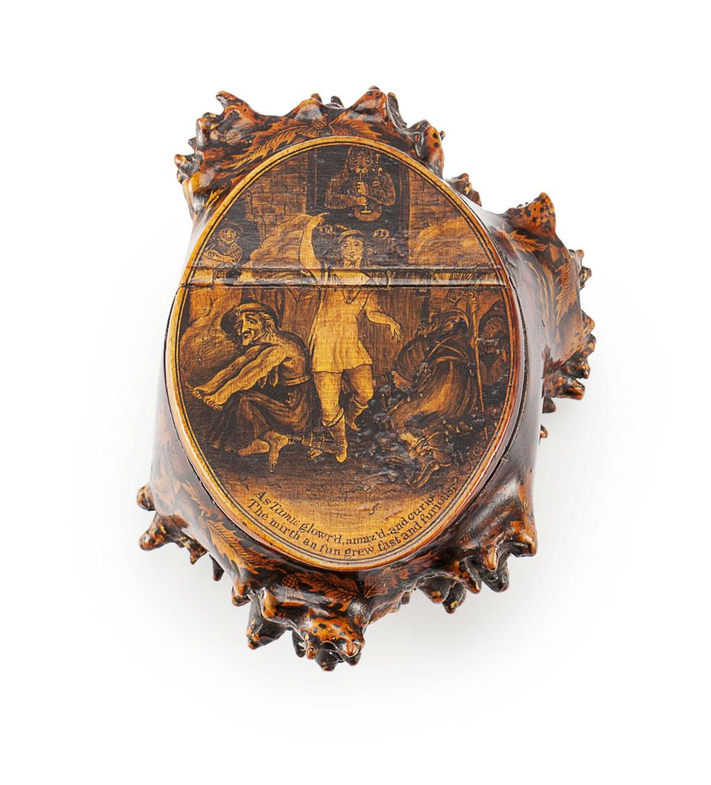 A SCOTTISH BURR WOOD AND PENWORK SNUFF MULL 19TH CENTURY
