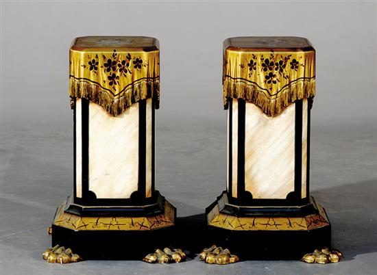 Pair paint decorated pedestals square top with drapery style frieze