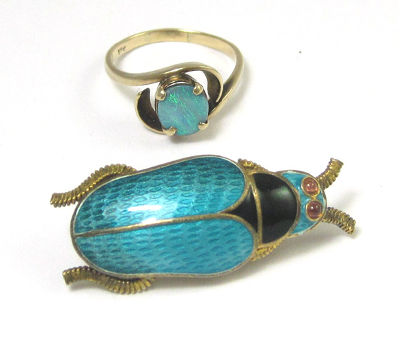 OPAL SOLITAIRE RING AND ENAMELED GOLD BEETLE BROOCH both 10K