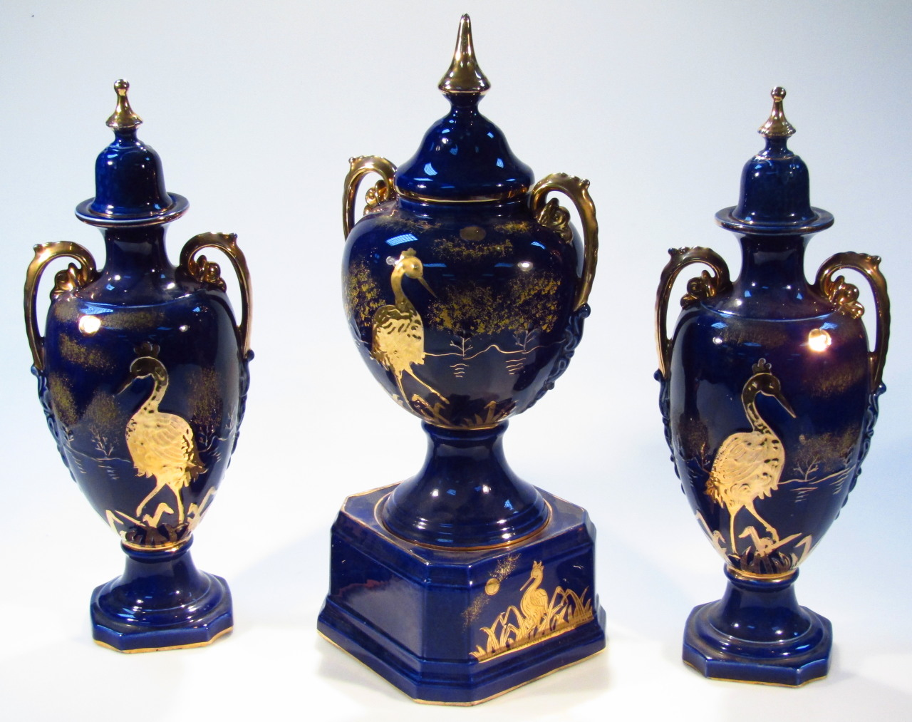 Three similar H J Staffordshire English earthenware vessels comprising a