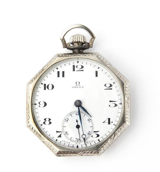 A 14 karat white gold pocket watch octagonal open face