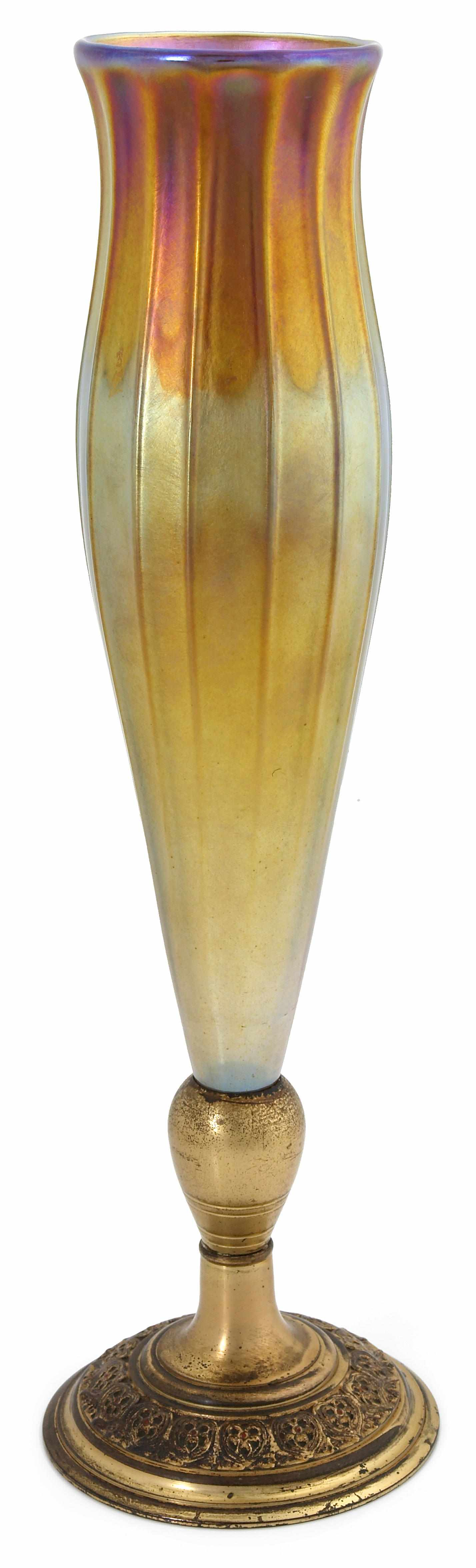 A Tiffany Furnaces favrile glass and enameled gilt bronze floriform