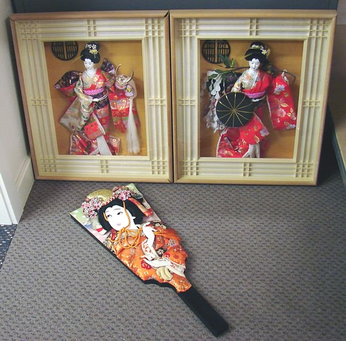 Lot Pair of Japanese Geisha dolls in shadow box frames
