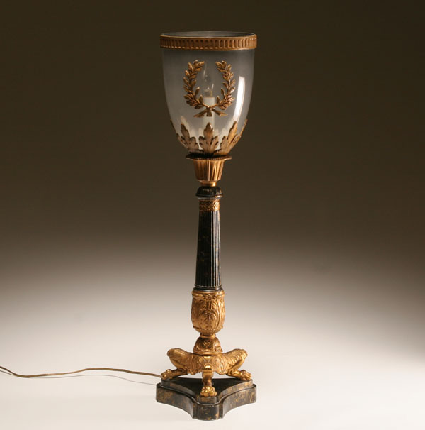 Gilt marbelized banquet type lamp reeded column shaft ending in