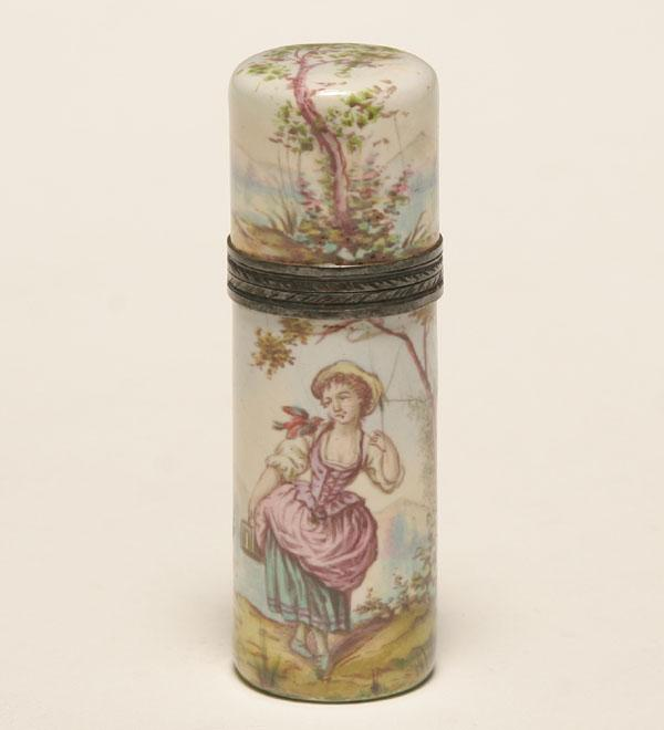 French silver mounted enamel scent bottle hand painted with a
