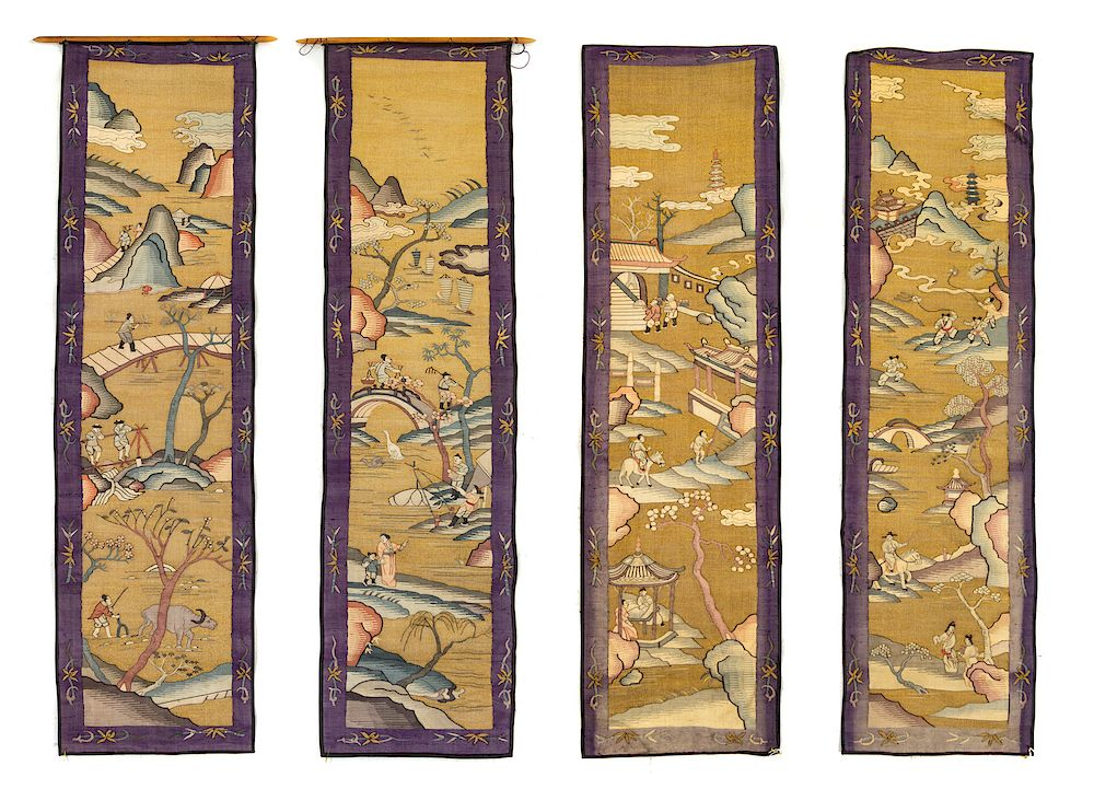 Four Kesi Silk Hanging Scrolls Each height 39 in 99