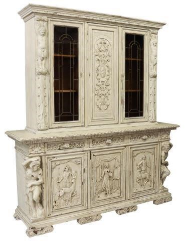 Monumental Italian figural carved and painted bookcase 20th c cornice
