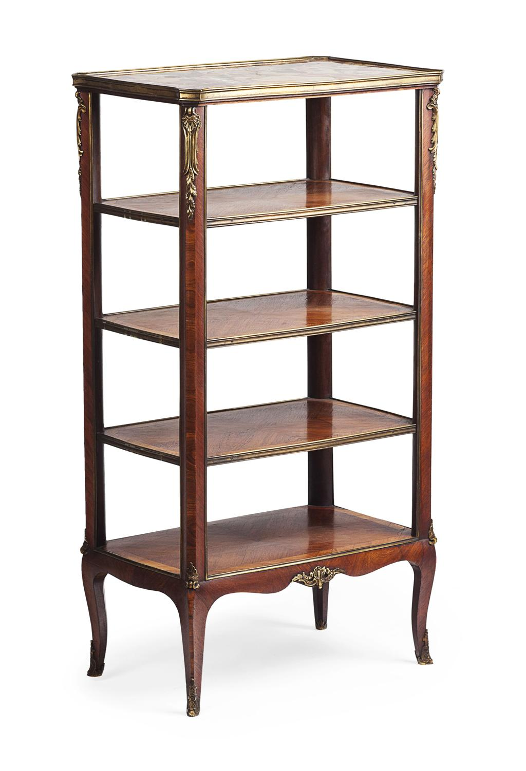 LOUIS XV STYLE KINGWOOD MARBLE AND GILT BRONZE MOUNTED ETAGERE