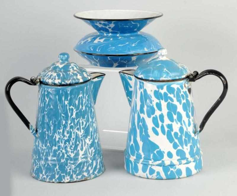 Lot of 3 Blue White Swirl Graniteware Pieces Description Includes