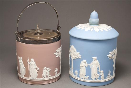 Two Wedgwood jasperware biscuit jars late 19th early 20th century