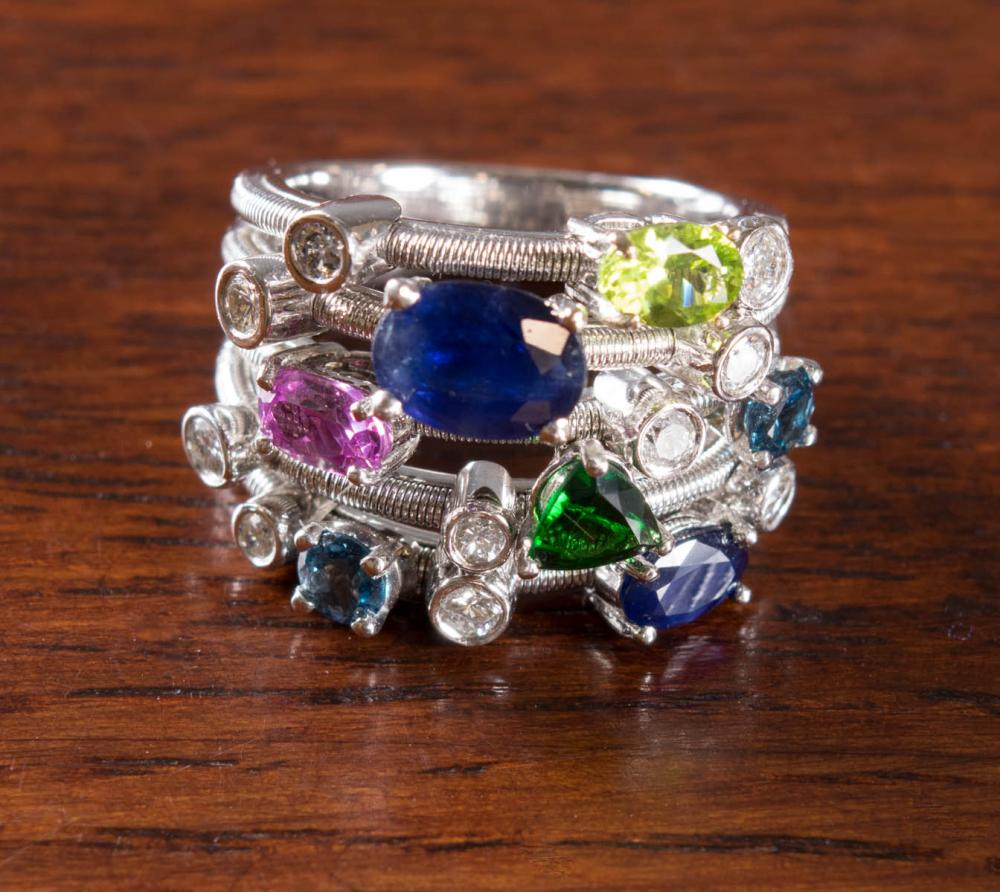 MULTI COLOR GEMSTONE DIAMOND AND FOURTEEN KARAT GOLD RING The