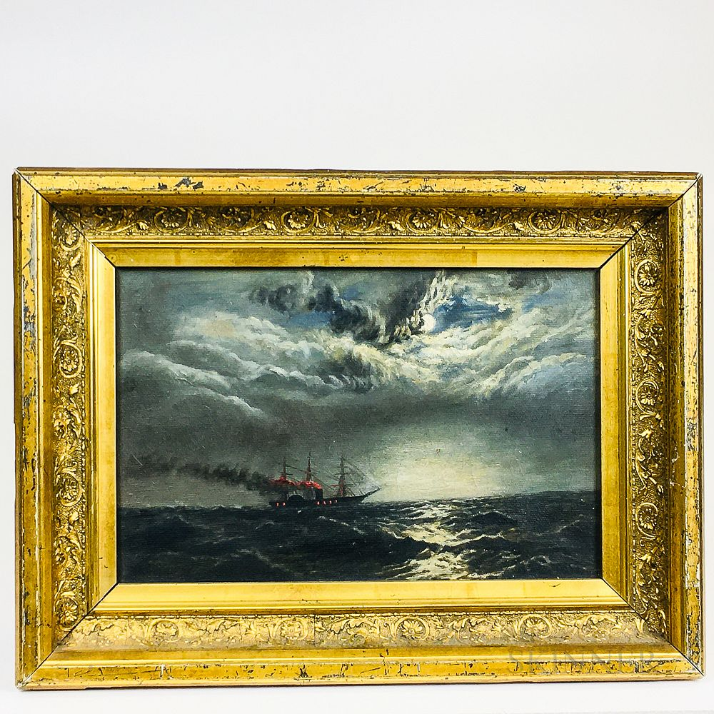 American School 19th Century Nighttime Nautical Scene with a Steamship