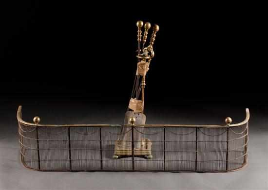 Victorian brass wrought iron and wire fire fender and a