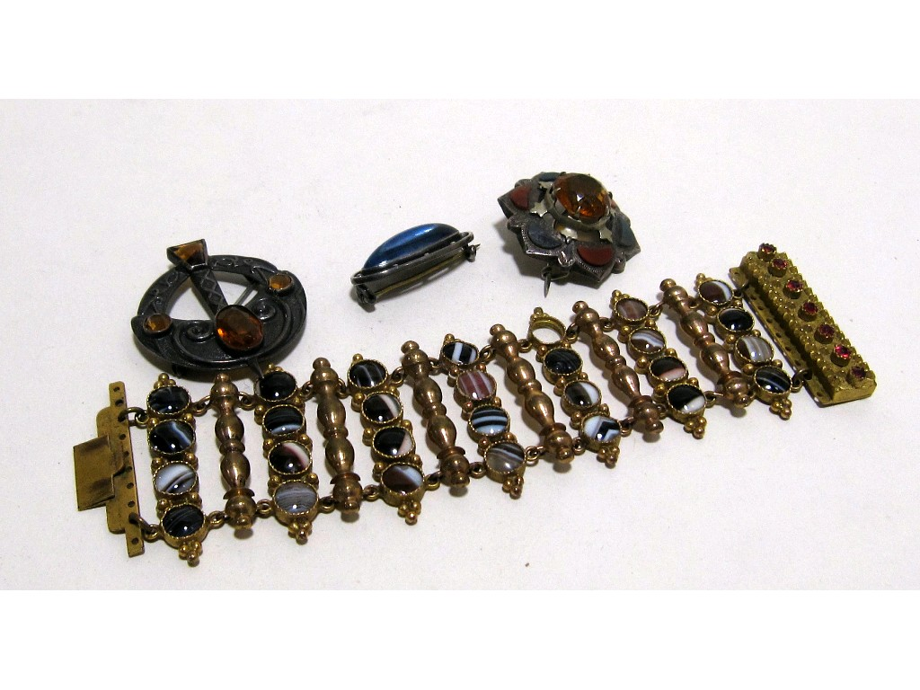 Lot comprising agate set gilt metal bracelet two Scottish silver