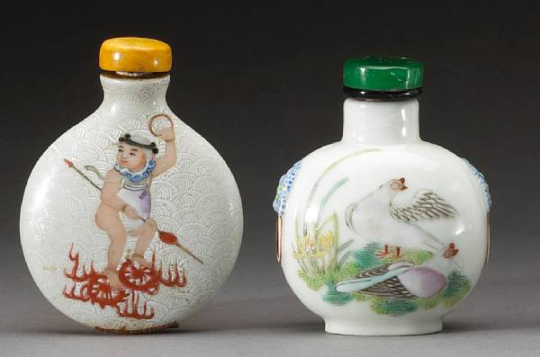 Two famille rose enameled porcelain snuff bottles Qianlong Mark The