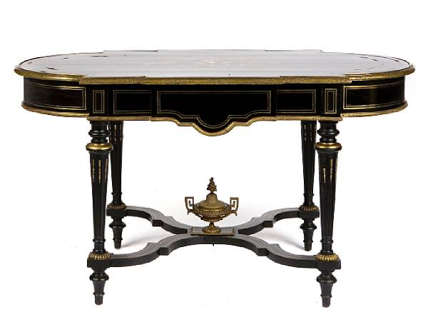 A Napoleon III brass inlaid ebonized center table height 30in