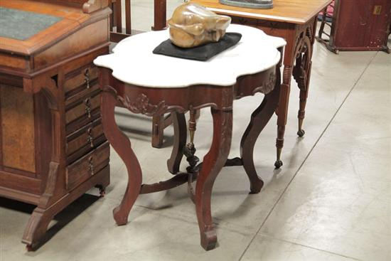 VICTORIAN PARLOR TABLE Marble turtle shaped top walnut floral carved