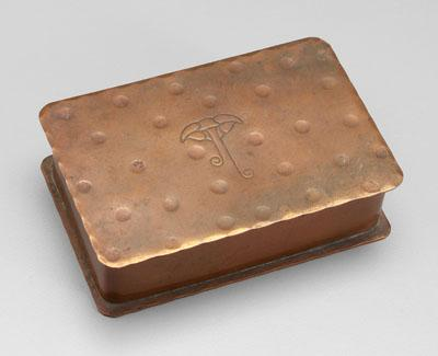 Roycroft hammered copper box lid with floral and scroll motif